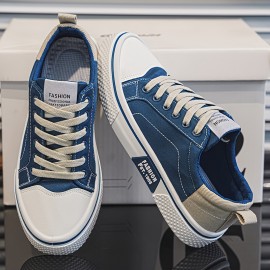 Men'S Lightweight Skateboard Sneakers - Low-Top Lace-Up Streetwear Shoes with Cushioned PVC Sole, Minimalist White & Navy Blue colorway - Breathable Fabric Lining for Urban Fashion, Gym, Everyday Casual Wear - Spring/Fall Seasonal Transition Shoes, Canvas Shoes For Men, Casual Shoes For Men, Men Canvas Sneakers, Men Sneakers, Mens Canvas Shoes, Mens Sneakers, Skate Shoes For Men, Sneakers For Men