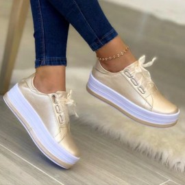 Plus Size Women'S Casual Shoes - European & American Style Round Toe Thick Sole Viscose Shoes with Lace-Up Closure, Synthetic Cover & PVC Lining, Comfortable Low-Top Design for Fall, Versatile for Casual Attire, Ladies Shoes And Shoes, Everyday Footwear, Sleek Shoe Design, Durable TPU Sole
