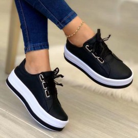 Plus Size Women'S Casual Shoes - European & American Style Round Toe Thick Sole Viscose Shoes with Lace-Up Closure, Synthetic Cover & PVC Lining, Comfortable Low-Top Design for Fall, Versatile for Casual Attire, Ladies Shoes And Shoes, Everyday Footwear, Sleek Shoe Design, Durable TPU Sole