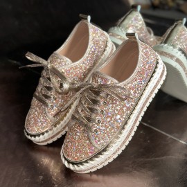 Korean Style Thick Sole Sneakers Women's, Lace-Up Sparkly Casual Shoes, Glitter Platform Fashion Footwear Spring and Fall, Women Shoes