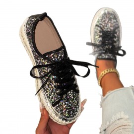 Korean Style Thick Sole Sneakers Women's, Lace-Up Sparkly Casual Shoes, Glitter Platform Fashion Footwear Spring and Fall, Women Shoes