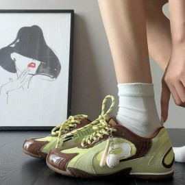 Vintage Baseball Style Casual Shoes | Autumn New Color-Block Racing Sneakers, Versatile Thin Sole Trendy Sports Shoes, Low Top, Fabric Upper and Sole, Plain Toe, Lace-up Closure