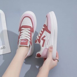 New Women'S Perforated Sports Shoes | Color-Block Thick Sole Casual Flats, Lace-up Closure, Low Top, All-season, EVA Material
