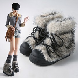 Women'S Vintage Furry Snow Boots with Plush faux fur Collar & Thick PVC Sole - Warm Winter Round Toe Boots, Durable Fabric Upper & Non-Slip Traction for Cold-Resistant Comfort, Casual & Semi-Formal Outfits (Brown) - Trendy Winter Footwear