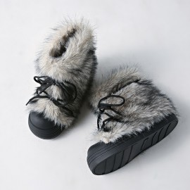 Women'S Vintage Furry Snow Boots with Plush faux fur Collar & Thick PVC Sole - Warm Winter Round Toe Boots, Durable Fabric Upper & Non-Slip Traction for Cold-Resistant Comfort, Casual & Semi-Formal Outfits (Brown) - Trendy Winter Footwear