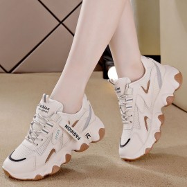 Women's Chunky Platform Sneakers - Korean- Inspired White/Pink/Black/Grey Cushioning Shoes, Breathable Mesh-like Athletic Dad Shoes with Thick PU Sole, Spring/Fall Casual Walking & Footwear