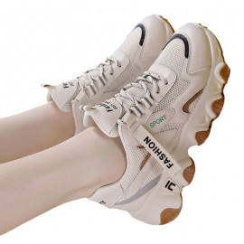 Women's Chunky Platform Sneakers - Korean- Inspired White/Pink/Black/Grey Cushioning Shoes, Breathable Mesh-like Athletic Dad Shoes with Thick PU Sole, Spring/Fall Casual Walking & Footwear