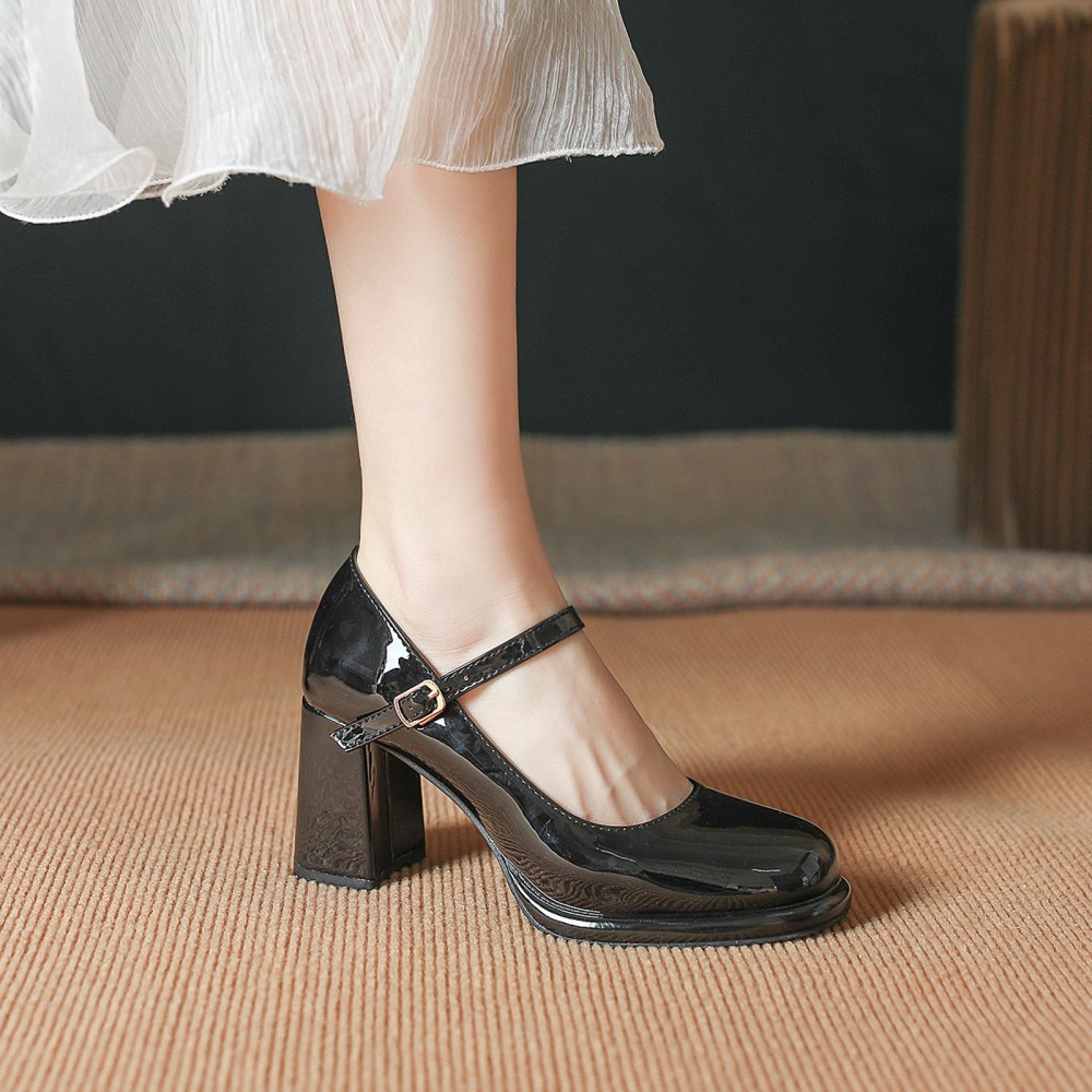 [sneakers] New Style Small Shoes | Thick Sole Single Strap Retro High Heels Women'S Shoes with PVC Upper, Fabric Insole, and Rubber Sole